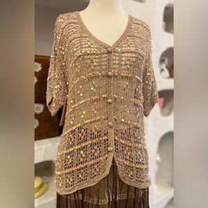 Light Brown Loose Crochet Button Up Short Sleeve Cardigan with Sequins